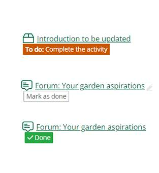 Screenshot showing orange to do, white mark as done and green done boxes beneath course resources